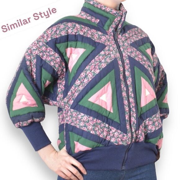 Vintage 1980’s Quilted Triangular Patchwork Batwing 3/4 Sleeve Bomber Jacket - Picture 16 of 16
